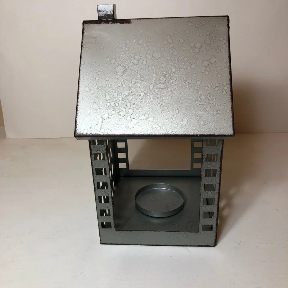 Decorative Galvantized Metal House Lantern/Candle/Votive Holder, EUC, Gray